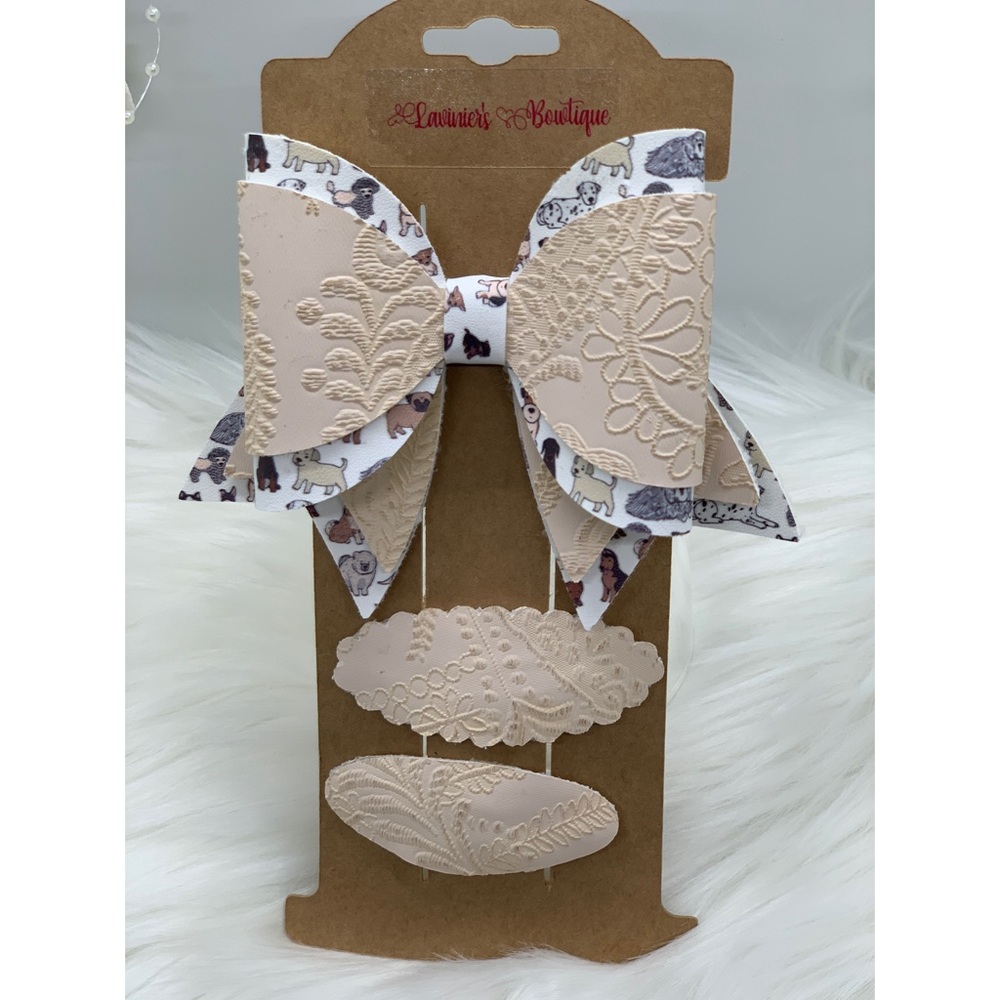 Puppy print and tan stretch fabric snap clip set